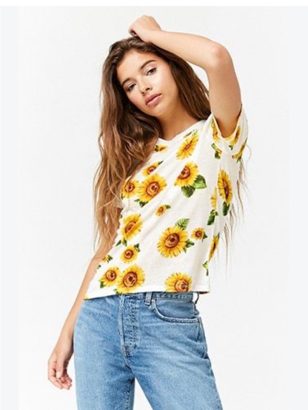 Forever 21 Short Sleeve Tee with Yellow Sunflower Print - White